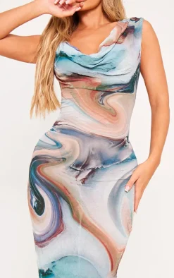 Multi Printed Crinkle Mesh Cowl Neck Midi Dress