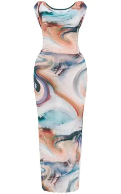 Multi Printed Crinkle Mesh Cowl Neck Midi Dress