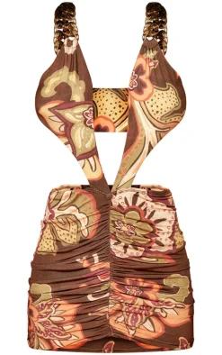 Multi Printed Double Layer Slinky Chain Plunge Bodycon Dress