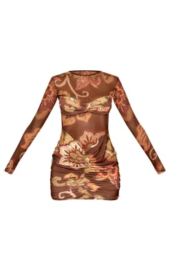 Multi Printed Double Layer Mesh Ruched Detail Bodycon Dress