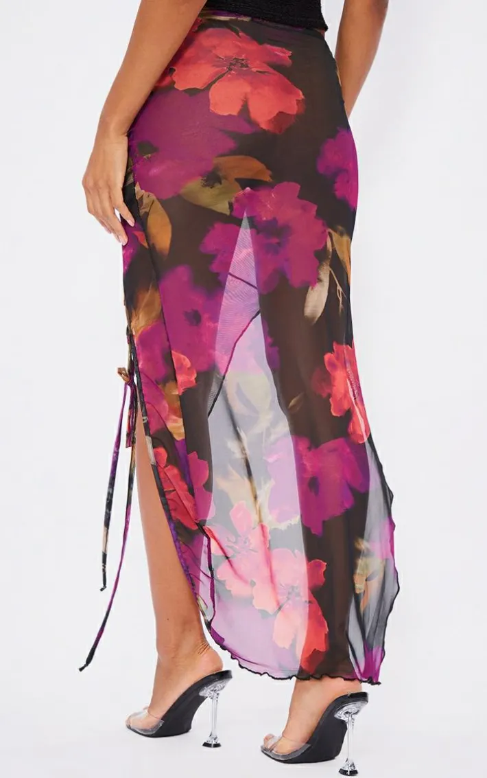 Multi Printed Mesh Asymmetric Hem Maxi Skirt