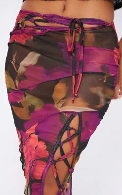 Multi Printed Mesh Asymmetric Hem Maxi Skirt