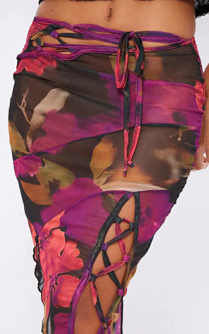 Multi Printed Mesh Asymmetric Hem Maxi Skirt