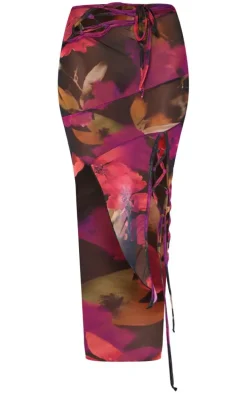Multi Printed Mesh Asymmetric Hem Maxi Skirt