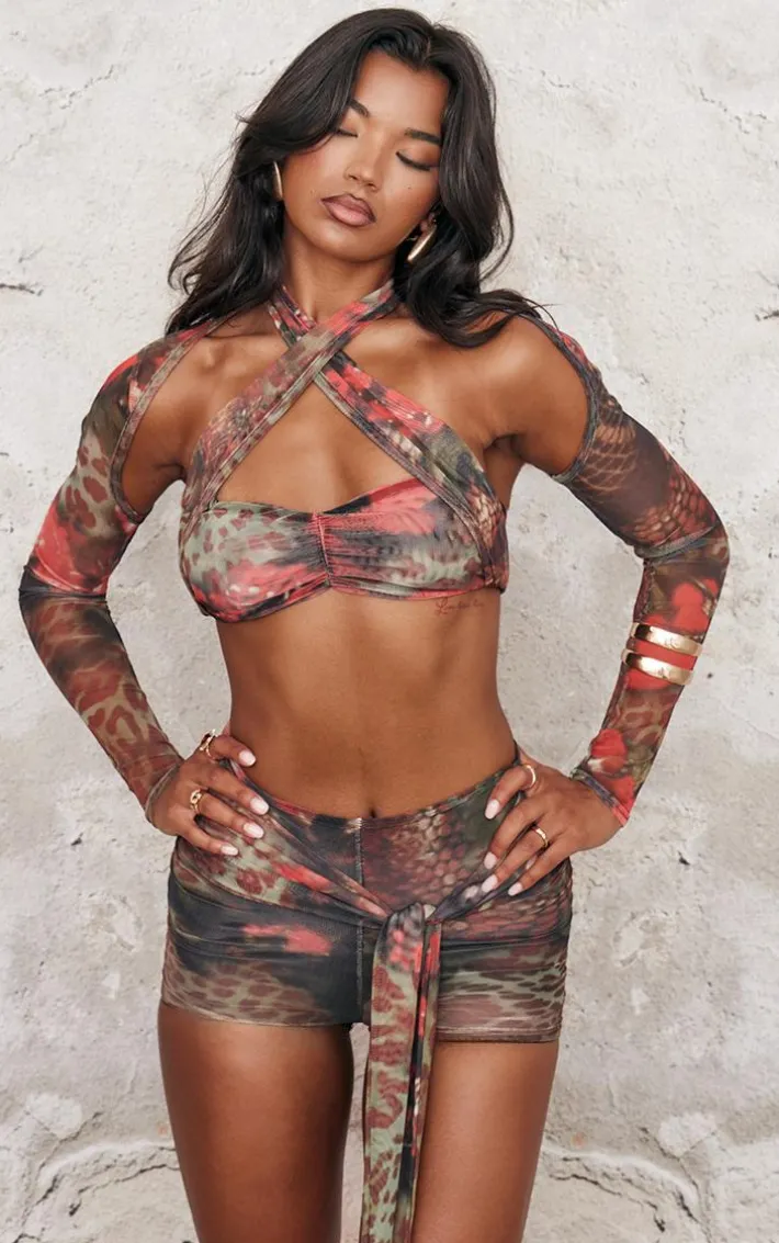 Multi Printed Mesh Crossover Top