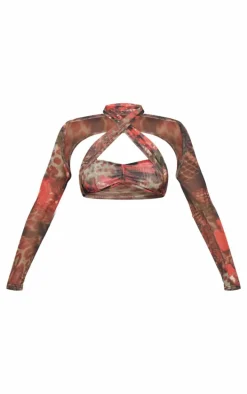 Multi Printed Mesh Crossover Top