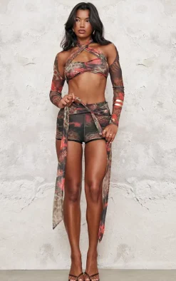 Multi Printed Mesh Crossover Hot Pants