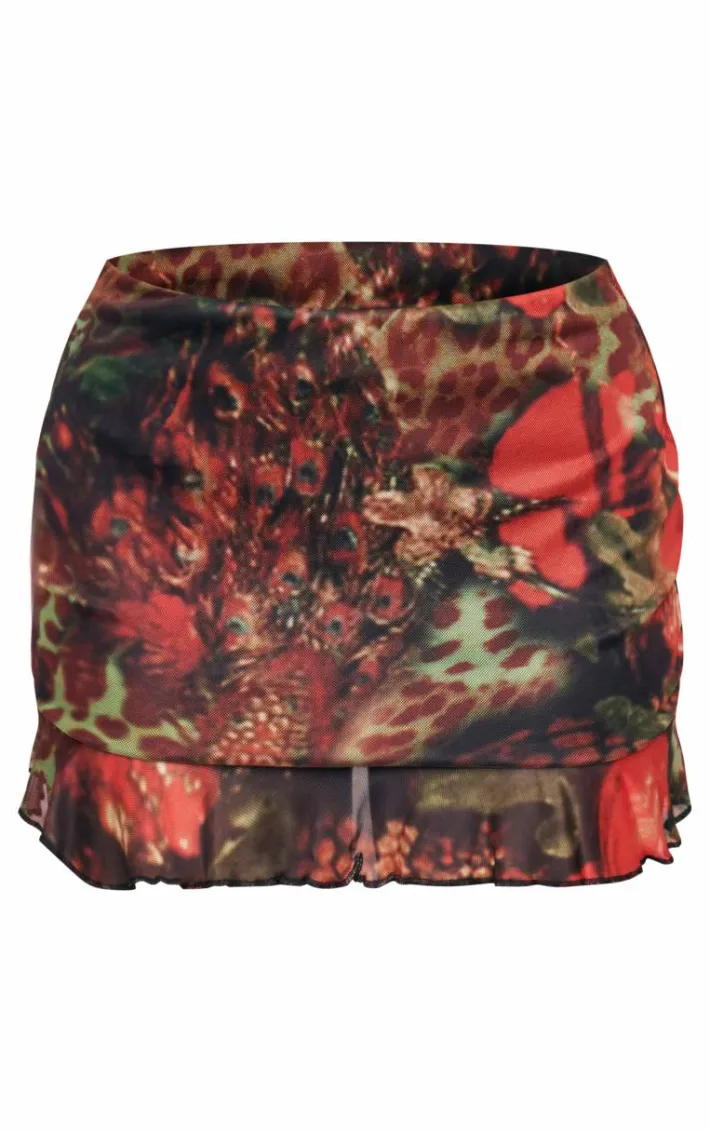 Multi Printed Mesh Frill Hem Mini Skirt