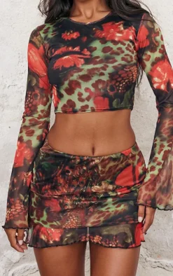 Multi Printed Mesh Long Sleeve Top