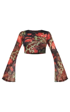 Multi Printed Mesh Long Sleeve Top