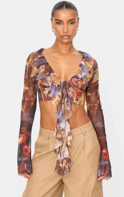 Multi Printed Mesh Ruffle Long Sleeve Drape Crop Top