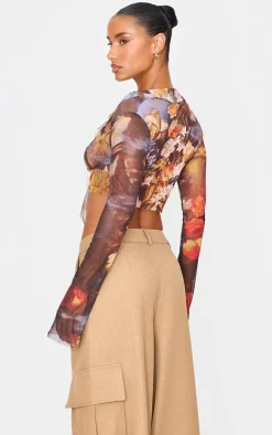 Multi Printed Mesh Ruffle Long Sleeve Drape Crop Top