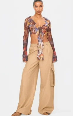 Multi Printed Mesh Ruffle Long Sleeve Drape Crop Top