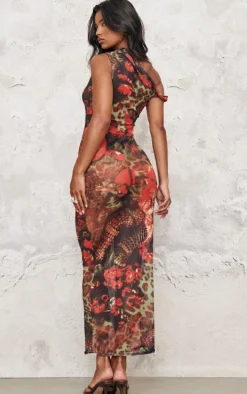 Multi Printed Mesh Sheer Maxi Dress