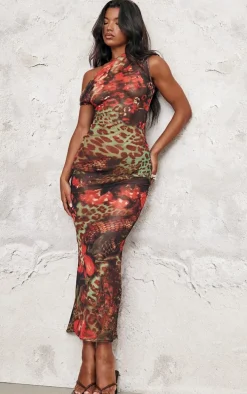 Multi Printed Mesh Sheer Maxi Dress