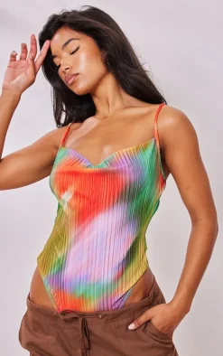 Multi Printed Plisse Cowl Neck Bodysuit