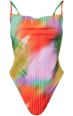 Multi Printed Plisse Cowl Neck Bodysuit