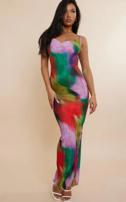 Multi Printed Plisse Strappy Maxi Dress