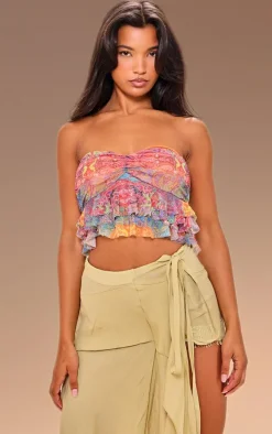 Multi Printed Ruffle Mesh Bandeau