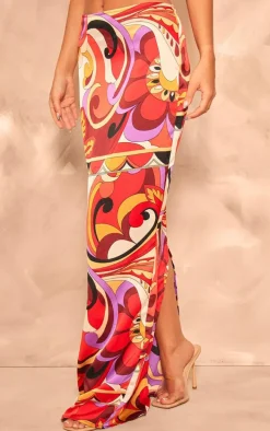 Multi Printed Satin Mid Rise Maxi Skirt