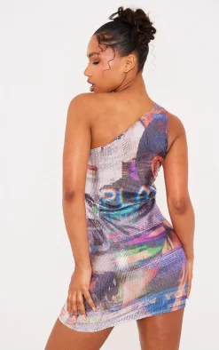 Multi Printed Sequin One Shoulder Mini Dress