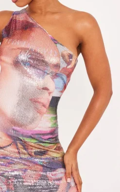 Multi Printed Sequin One Shoulder Mini Dress