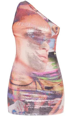 Multi Printed Sequin One Shoulder Mini Dress