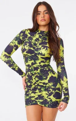 Multi Printed Slinky High Neck Ruched Long Sleeve Bodycon Dress