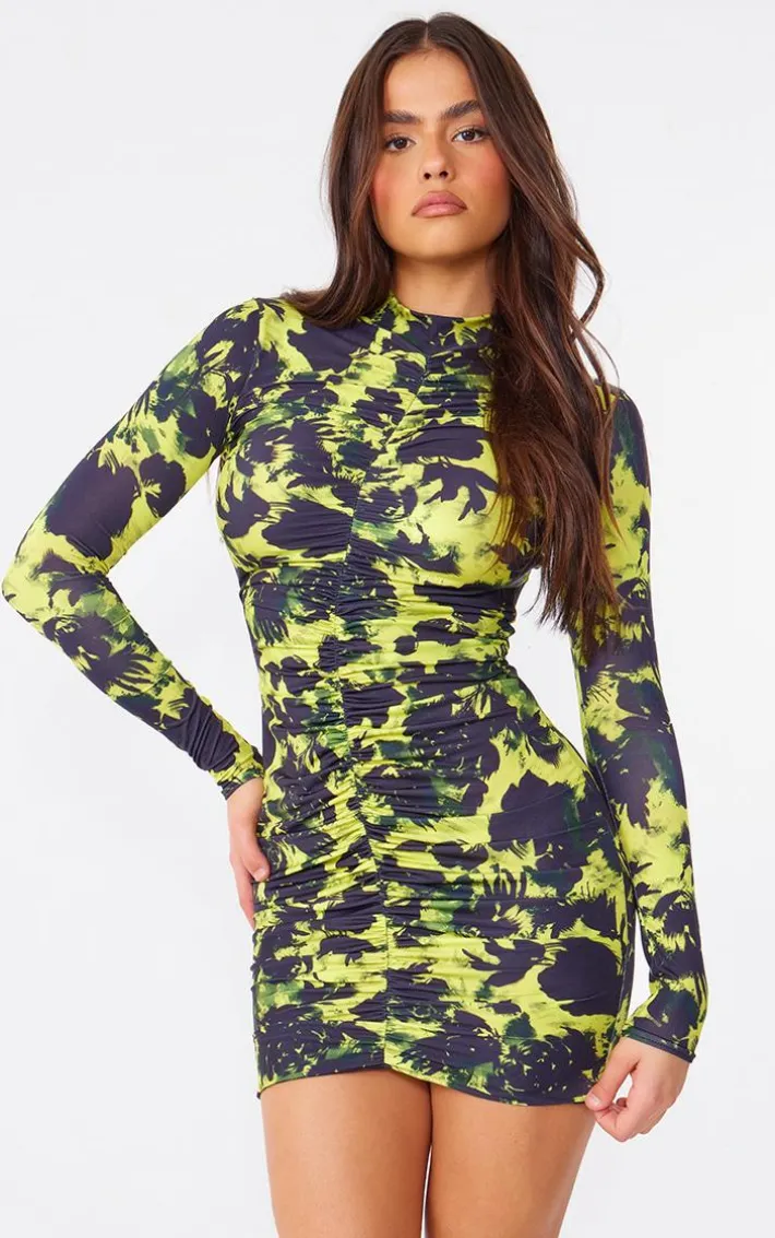 Multi Printed Slinky High Neck Ruched Long Sleeve Bodycon Dress