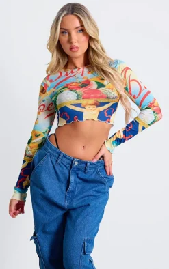 Multi Renaissance Flared Sleeve Crop Top