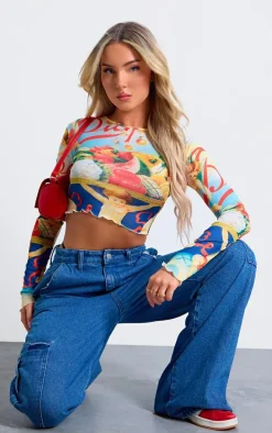 Multi Renaissance Flared Sleeve Crop Top