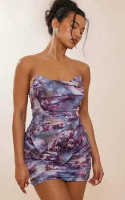 Multi Renaissance Print Asymmetric Pointed Hem Bodycon Dress