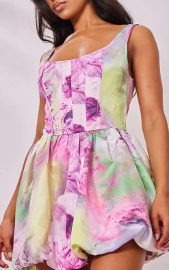 Multi Renaissance Print Strappy Corset Puff Ball Dress