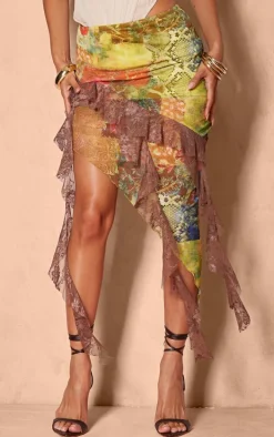 Multi Renaissance Printed Lined Mesh Asymmetric Lace Trim Midi Skirt