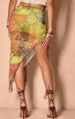 Multi Renaissance Printed Lined Mesh Asymmetric Lace Trim Midi Skirt