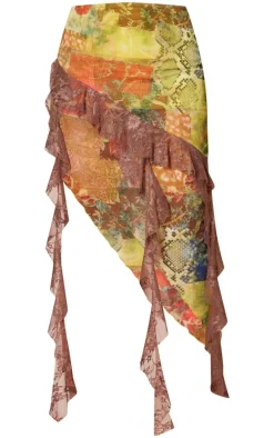 Multi Renaissance Printed Lined Mesh Asymmetric Lace Trim Midi Skirt