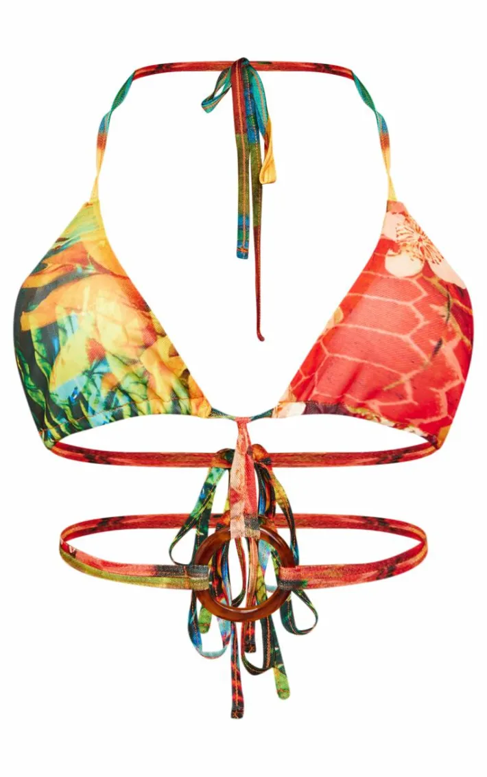 Multi Ring Detail Printed Mesh Bralet Top