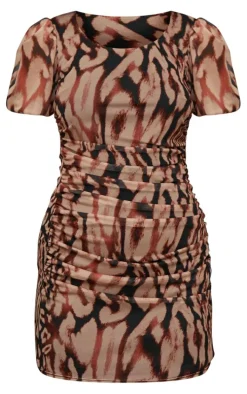 Multi Ruched Bodice Volume Sleeve Leopard Print Mini Dress