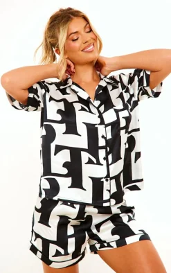 Multi Satin Printed Piping Shorts Pajama Set