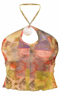 Multi Shell Detail Printed Mesh Halter Neck Crop Top