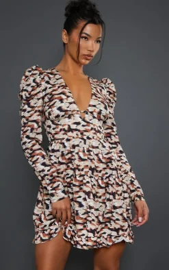 Multi Smudge Print Puff Sleeve Frill Hem Tea Dress