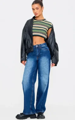 Multi Stripe Textured Knit Basic Crop Top