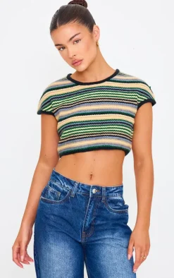 Multi Stripe Textured Knit Basic Crop Top