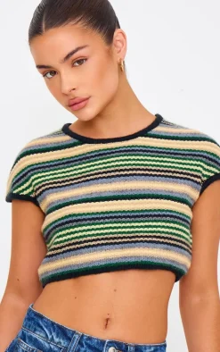 Multi Stripe Textured Knit Basic Crop Top