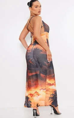 Multi Sunset Print Lace Back Ring Skirt Detail Maxi Dress