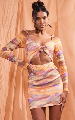 Multi Swirl Tile Print Mesh Tie Front Cut Out Bodycon Dress