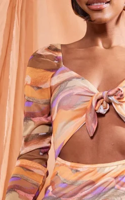 Multi Swirl Tile Print Mesh Tie Front Cut Out Bodycon Dress