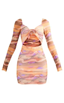 Multi Swirl Tile Print Mesh Tie Front Cut Out Bodycon Dress