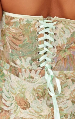 Multi Tapestry Bandeau Lace Up Back Bodycon Dress