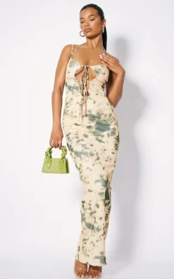 Multi Tie Dye Print Tie Detail Mesh Maxi Dress